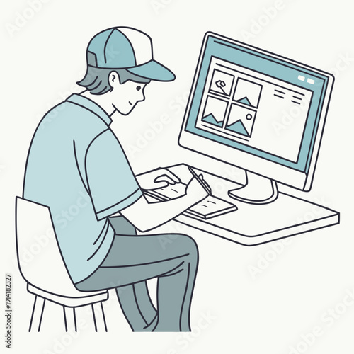 Man editing photos on a computer with a blank user interface, symbolizing digital photography and creative post-production.