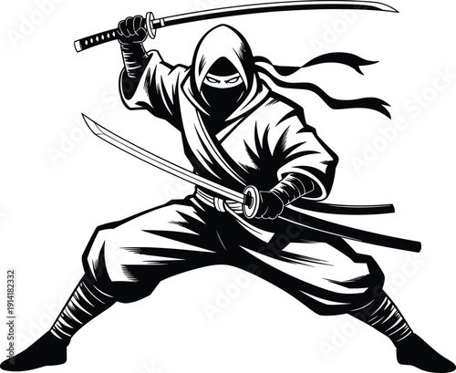 Ninja warrior silhouette with katana swords in dynamic combat pose, Japanese martial arts fighter, stealth, action and defense illustration