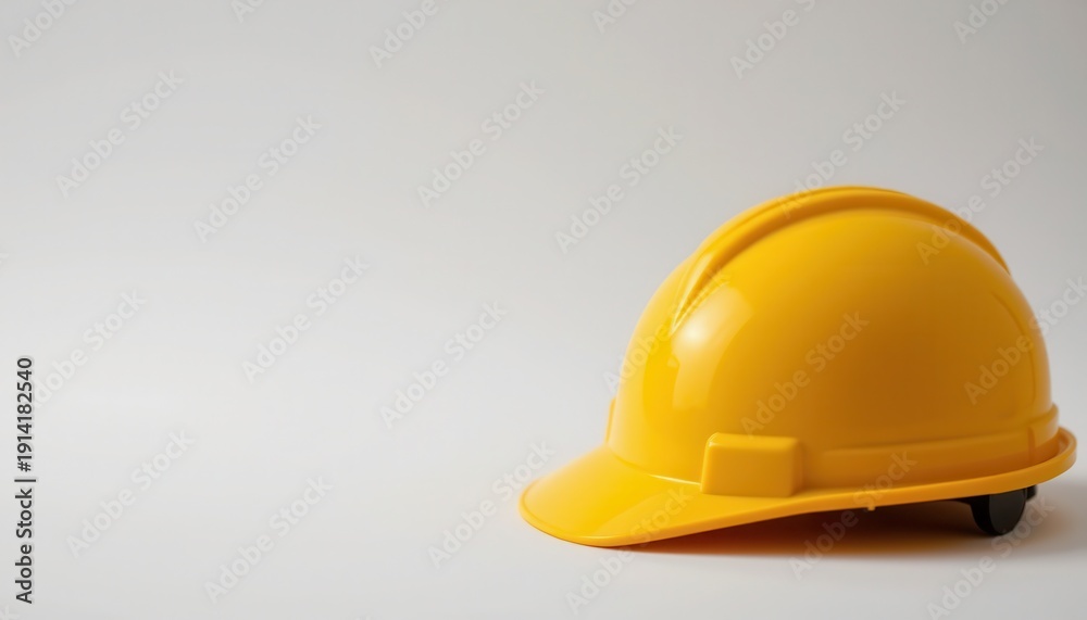Fototapeta premium Bright Yellow Safety Helmet for Construction Work on White Background with Space for Text or Design Elements