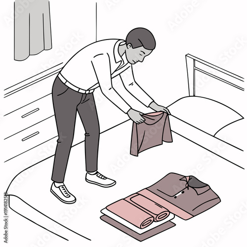 Man folding casual clothes on a clean bed, representing tidiness and organization in daily life.