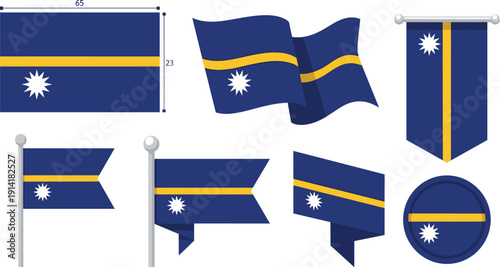 Nauru Flag Set with Official Proportion Waving Banner Vertical Pennant and Round Badge National Identity Vector Collection