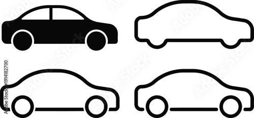 Four simple car silhouettes in different views