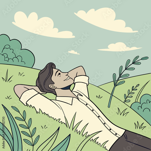 Man relaxing on green grass, looking up at the blue sky, enjoying a moment of tranquility and peaceful contemplation outdoors.