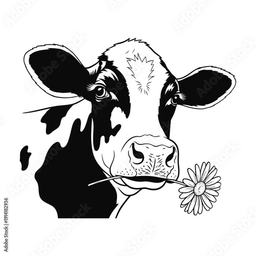 Cute black and white cow eating a small flower illustration design