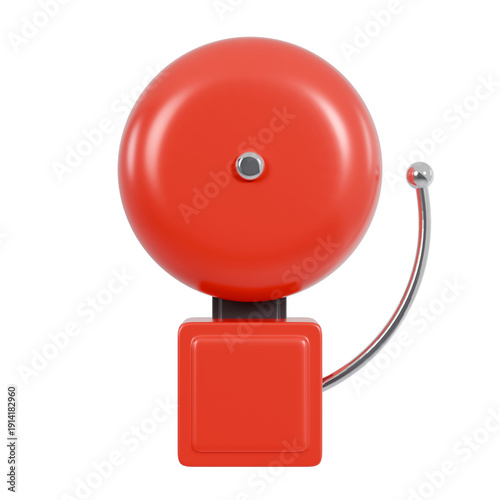 Foto Fire alarm bell red wall-mounted emergency alert device with pull cable and square base, centered vertical composition, straight front view, isolated, for safety and warning concepts