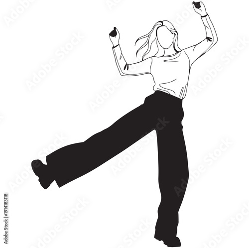 line sketch vector fashion girl in wide pants, top and boots for store logo in dynamic pose