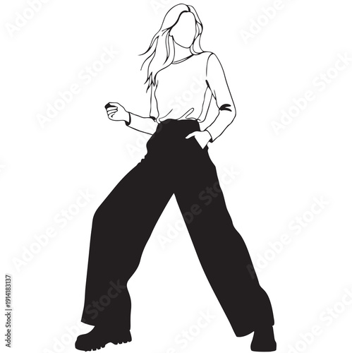 line sketch vector fashion girl in wide pants, top and boots for store logo in dynamic pose