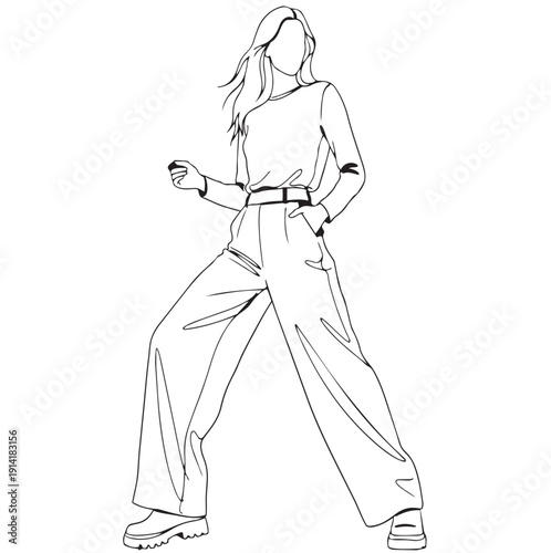 line sketch vector fashion girl in wide pants, top and boots for store logo in dynamic pose