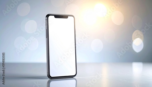 Modern smartphone with blank screen standing upright on reflective surface