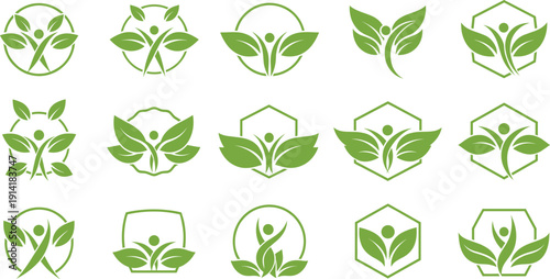 Eco Leaf Logo Vector Set Featuring Green Nature Symbols, Human Figures, Sustainability, Organic Growth, and Environmental Protection Designs