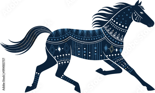 Decorative Running Horse with Ethnic Pattern Ornament Boho Tribal Equine Silhouette Elegant Folk Art Vector Illustration