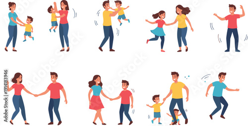 Happy Family Dancing Together Vector Set Featuring Parents and Children, Fun Movement, Joyful Moments, and Active Lifestyle Cartoon Characters