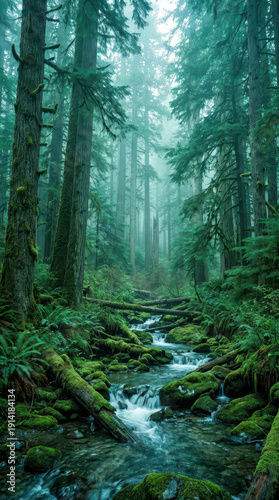 A lush Western forest landscape in cool teal-green tones, panoramic wide view, dense evergreen trees, misty air, clear streams and mossy rocks, soft diffused daylight, calm and refreshing atmosphere