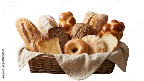 Freshly baked bread assortment in a wicker basket with linen, isolated 