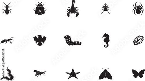 Seafood and insect icon set. Includes lobster, beetle, moth, butterfly, starfish, squid. Created in black silhouette style with white background