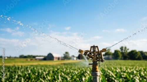 Close up of a brass agricultural sprinkler actively watering a lush green field under a bright blue sky