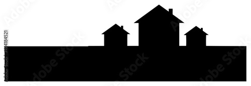 Black silhouette of suburban houses and residential neighborhood buildings on white background