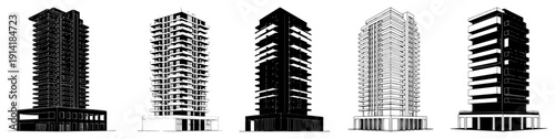 Set of high rise residential building sketches and skyscraper silhouettes for urban architectural design