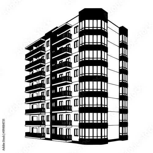 Modern multi story residential apartment building with balconies in black and white perspective view
