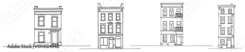 Set of traditional narrow townhouse facades in minimalist black and white line art style