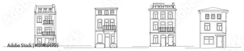 Fotografie Set of minimalist line art drawings of traditional European townhouses and urban