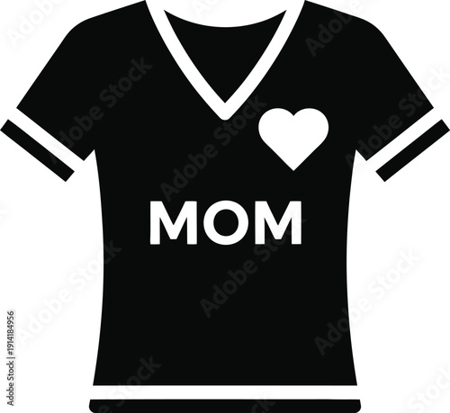 Black t shirt with white 'mom' text and heart design