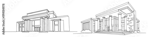 Minimalist line art perspective drawings of a monumental neoclassical building with grand columns