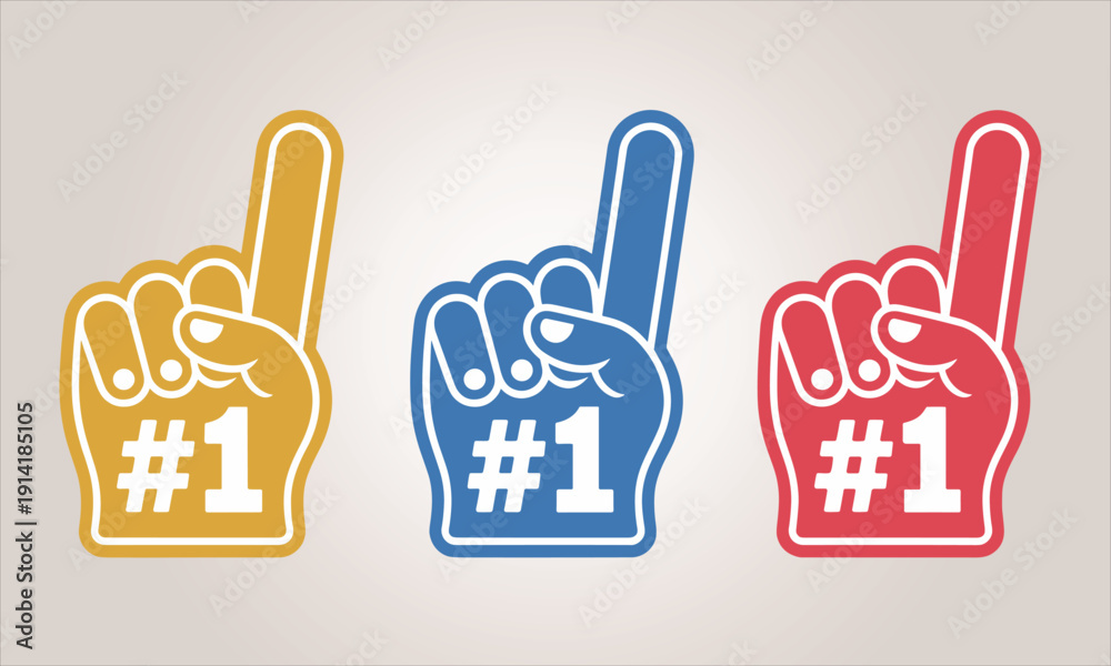 Fototapeta premium Collection of three brightly colored foam fan fingers—gold, blue, and red—proudly displaying the number one sign for sports victory and achievement.