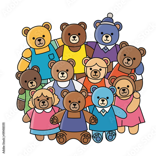 Group of colorful cartoon bears standing together in a friendly huddle