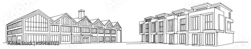 Minimalist architectural sketches showing a factory building and modern residential townhouses in line art style