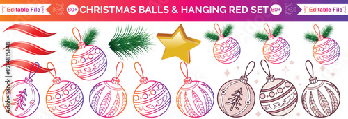 Christmas ball set, red baubles with pattern, ornaments, Christmas ornament ball hanging vector set, red, green, blue, gold baubles with stripes, stars, snowflakes pattern, Holiday decorations design 