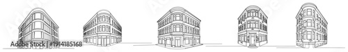 Set of classic urban building facade sketches featuring traditional corner architecture in black and white line art