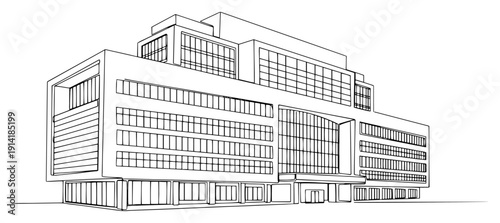 Minimalist line art drawing of a large modern office building in perspective view