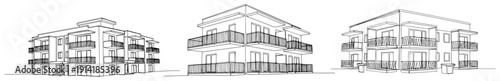 Three perspectives of contemporary multi family residential buildings in clean line art style