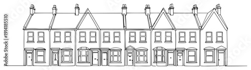 Collection of traditional terraced houses architectural sketches in minimalist line art style