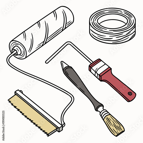 Of home repair tools including paint roller extension pole brush and putty knife