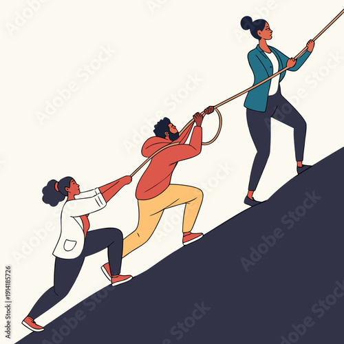 Teamwork concept with diverse people pulling rope up a hill