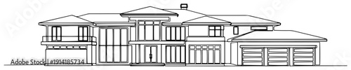 Minimalist architectural sketch of a large modern luxury villa with wide facade