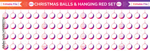 Christmas ornament ball hanging vector set, red, green, blue, gold baubles with stripes, stars, snowflakes pattern, Holiday decorations design elements isolated on white background.