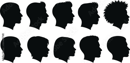 Male and Female Face Profile Silhouette Set with Diverse Hairstyles for Avatar Creation, Social Media Icons, Fashion Design, and Character Illustration