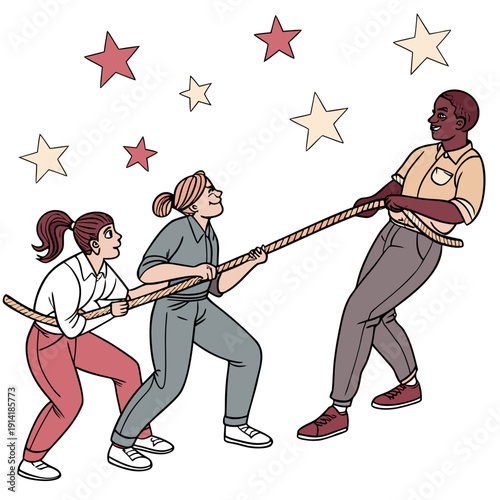Teamwork challenge with people pulling rope surrounded by stars