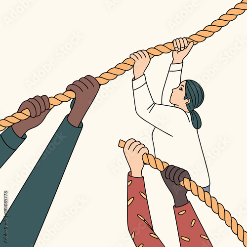 Teamwork concept with people pulling rope together 1