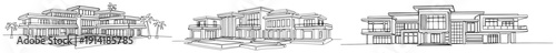 Collection of modern luxury villa sketches featuring contemporary architectural design and palm trees