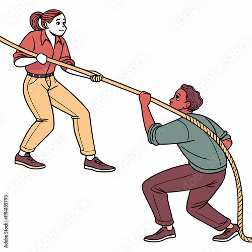 Teamwork challenge tug of war with rope people