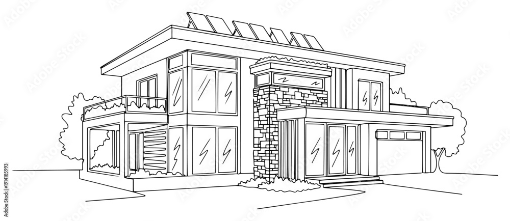 Naklejka premium Luxury modern villa with large windows and solar panels in continuous line drawing