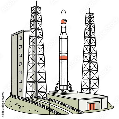Of rocket on launchpad with service towers space launch site