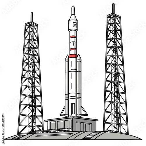 Of rocket on launchpad with towers space white