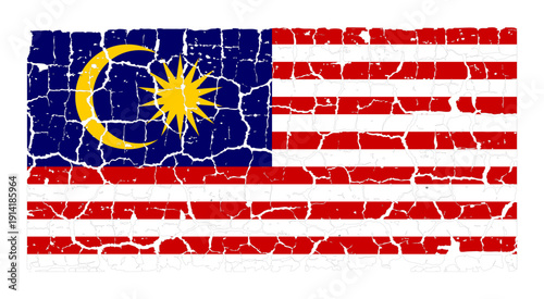 Illustration of the national flag of Malaysia painted on a cracked wall. Grunge distressed style background with official Malaysian stripes and yellow crescent and star.