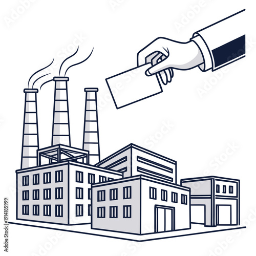 Of industrial factory rooftops with smoking chimneys and a hand holding a card