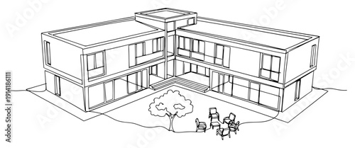 Minimalist line art perspective drawing of a large modern L-shaped house with outdoor patio and furniture